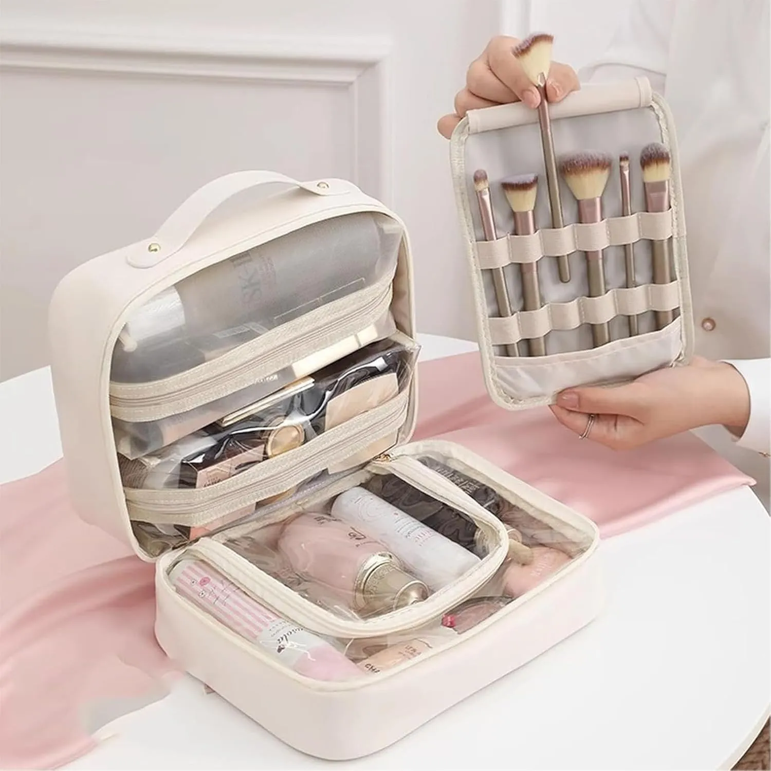 Setpatient Multi-Compartment Toiletry Cosmetics Bag, PU Leather Large Capacity Portable Consulbefor Bag with Multiple Pockets, Makeup Travel Storage Bag for Women Girls (Pink)