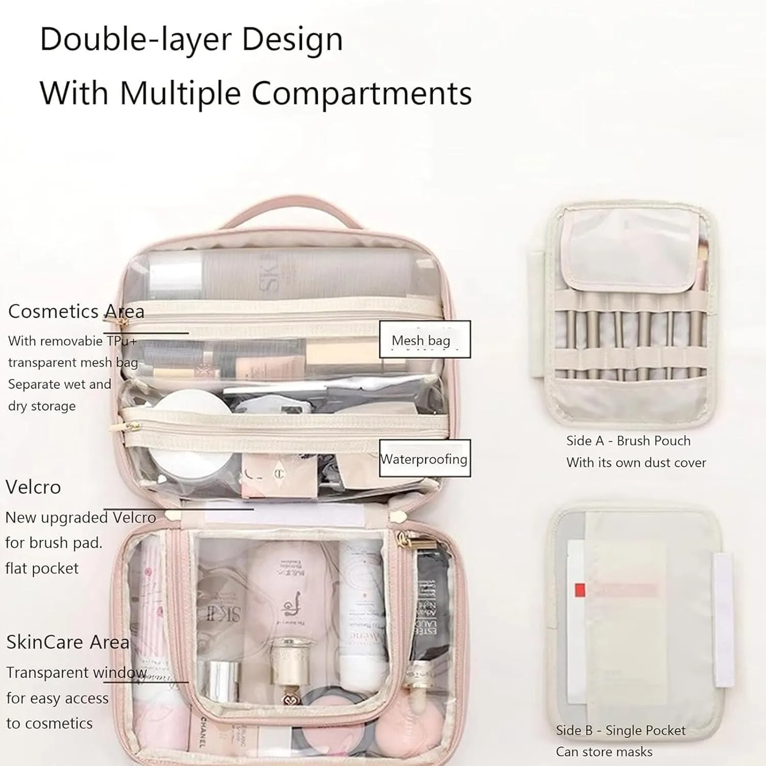 Setpatient Multi-Compartment Toiletry Cosmetics Bag, PU Leather Large Capacity Portable Consulbefor Bag with Multiple Pockets, Makeup Travel Storage Bag for Women Girls (Pink)