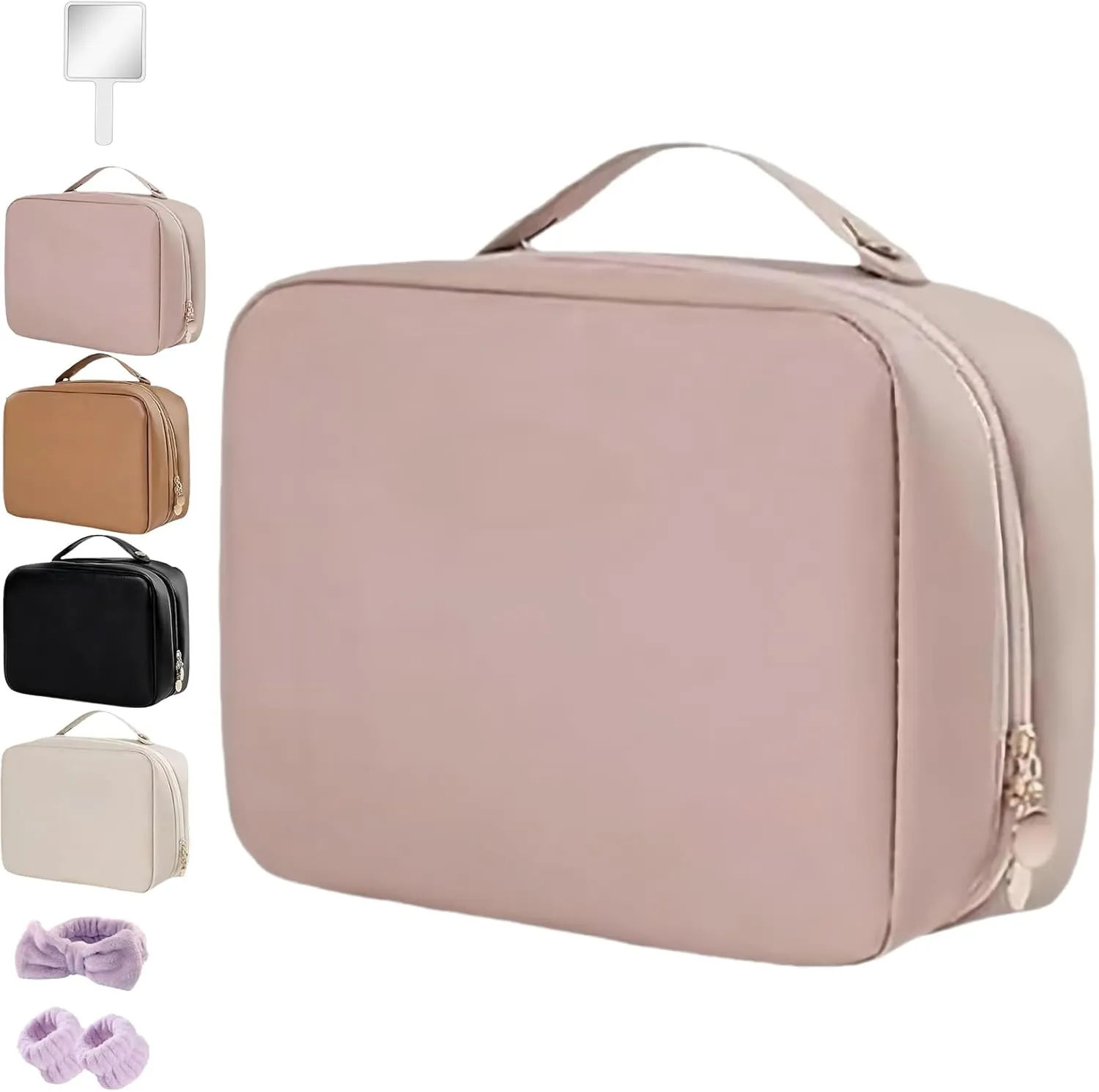 Setpatient Multi-Compartment Toiletry Cosmetics Bag, PU Leather Large Capacity Portable Consulbefor Bag with Multiple Pockets, Makeup Travel Storage Bag for Women Girls (Pink)