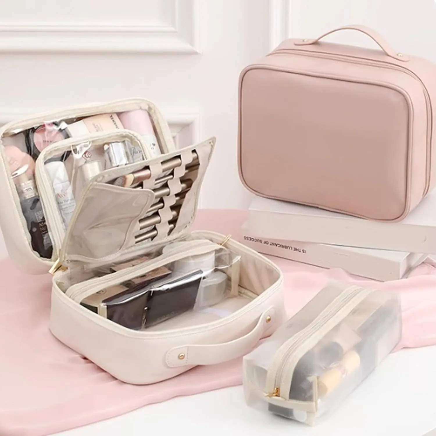 Setpatient Multi-Compartment Toiletry Cosmetics Bag, PU Leather Large Capacity Portable Consulbefor Bag with Multiple Pockets, Makeup Travel Storage Bag for Women Girls (Pink)