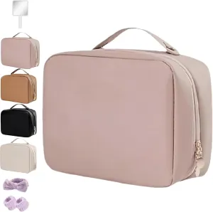 Setpatient Multi-Compartment Toiletry Cosmetics Bag, PU Leather Large Capacity Portable Consulbefor Bag with Multiple Pockets, Makeup Travel Storage Bag for Women Girls (Pink)