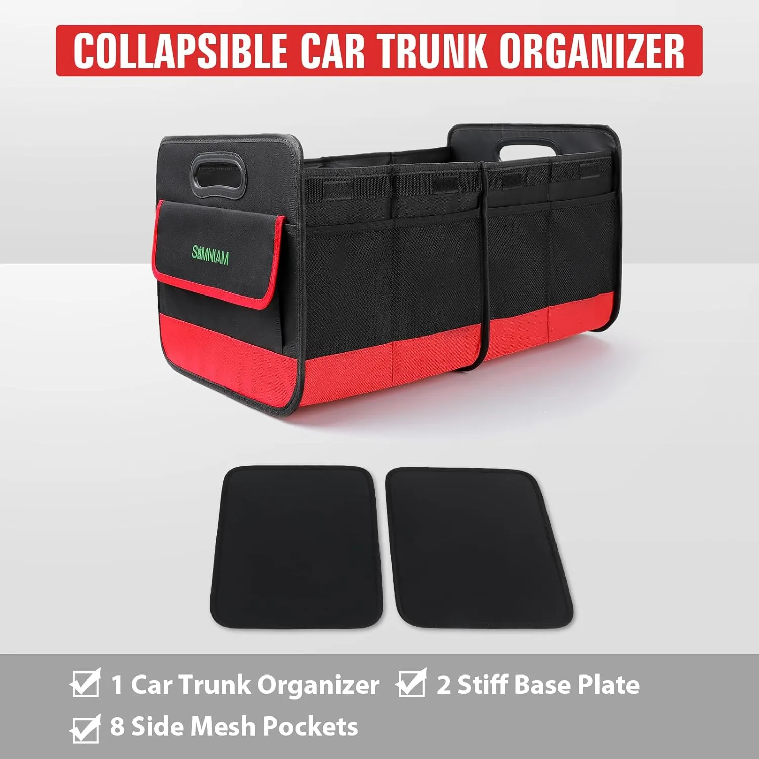 Simniam Collapsible Car Trunk Organize with 3 Removable Dividers, Trunk Organizer Fits Most Car, SUVs, Truck, or Minivan (2 Compartments, Red)