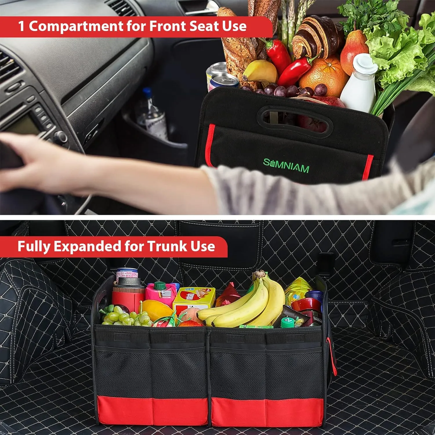 Simniam Collapsible Car Trunk Organize with 3 Removable Dividers, Trunk Organizer Fits Most Car, SUVs, Truck, or Minivan (2 Compartments, Red)
