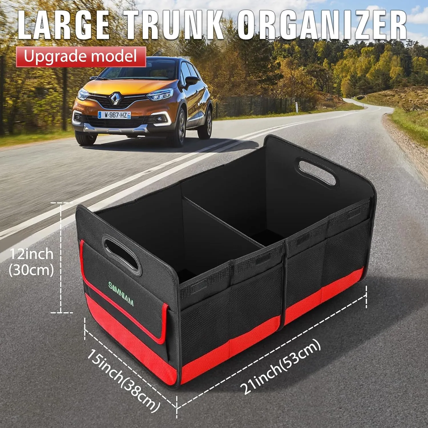 Simniam Collapsible Car Trunk Organize with 3 Removable Dividers, Trunk Organizer Fits Most Car, SUVs, Truck, or Minivan (2 Compartments, Red)
