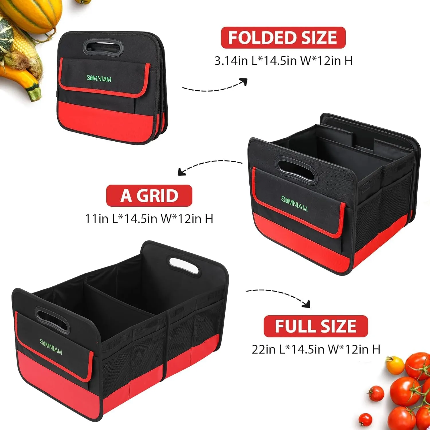 Simniam Collapsible Car Trunk Organize with 3 Removable Dividers, Trunk Organizer Fits Most Car, SUVs, Truck, or Minivan (2 Compartments, Red)