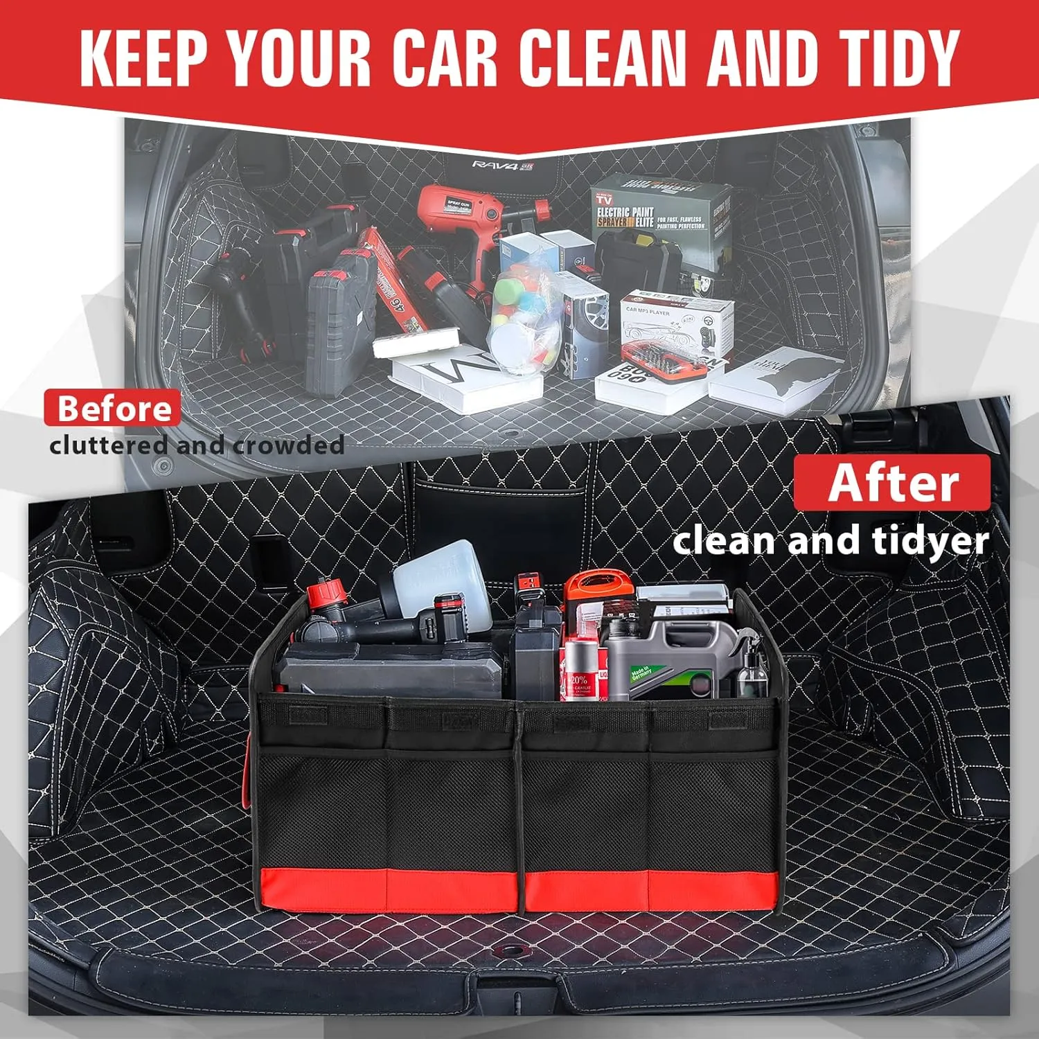 Simniam Collapsible Car Trunk Organize with 3 Removable Dividers, Trunk Organizer Fits Most Car, SUVs, Truck, or Minivan (2 Compartments, Red)