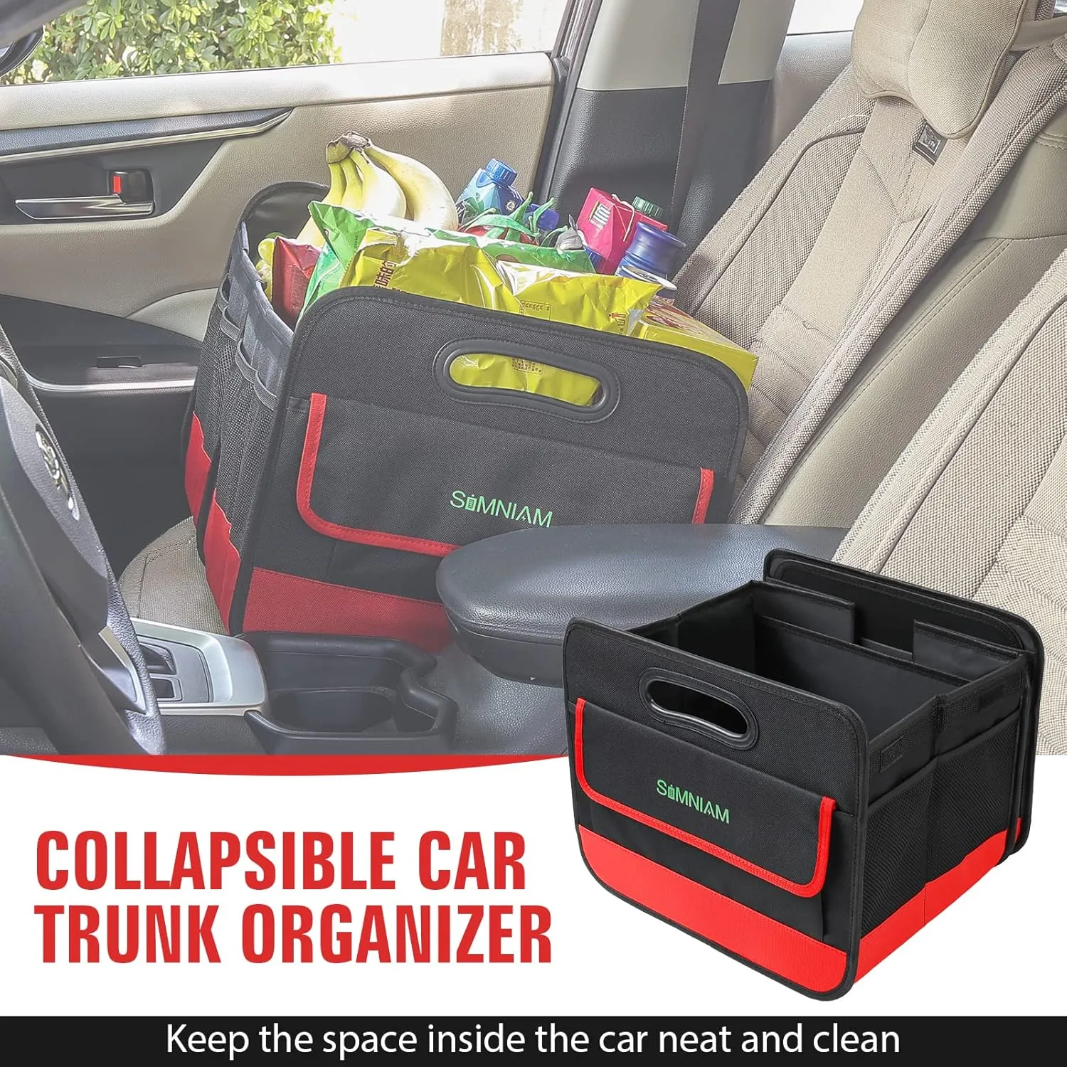 Simniam Collapsible Car Trunk Organize with 3 Removable Dividers, Trunk Organizer Fits Most Car, SUVs, Truck, or Minivan (2 Compartments, Red)