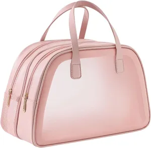 Simple and Large Capacity Dry Wet Separation Waterproof Cosmetic Bag Portable Leather Transparent Makeup Bag (Rose Pink)