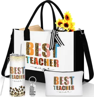 Sliner 4 Pcs Teacher Appreciation Gifts for Christmas Tote Bag for Women Teacher 20 oz Insulated Tumbler Makeup Bag Keychain