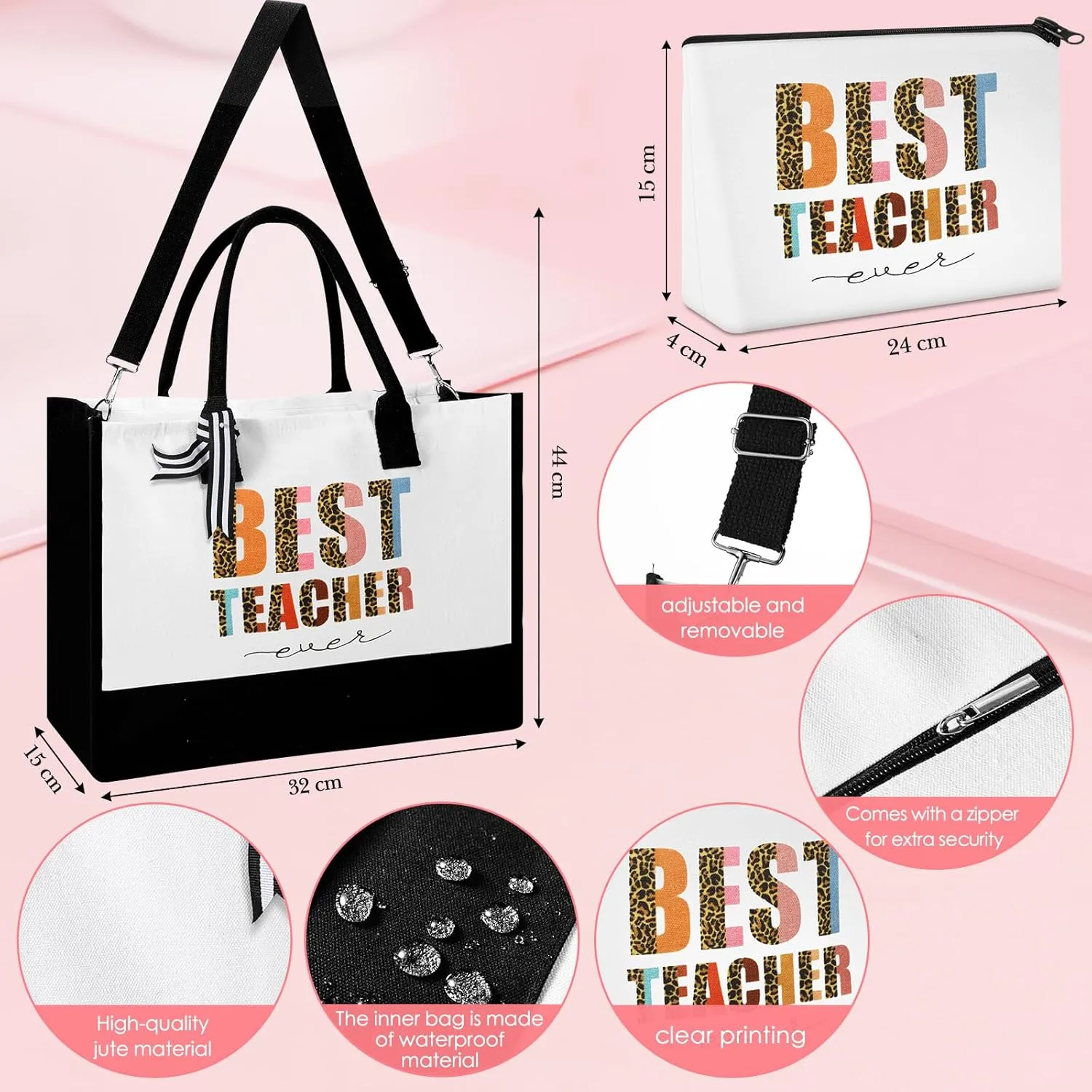 Sliner 4 Pcs Teacher Appreciation Gifts for Christmas Tote Bag for Women Teacher 20 oz Insulated Tumbler Makeup Bag Keychain