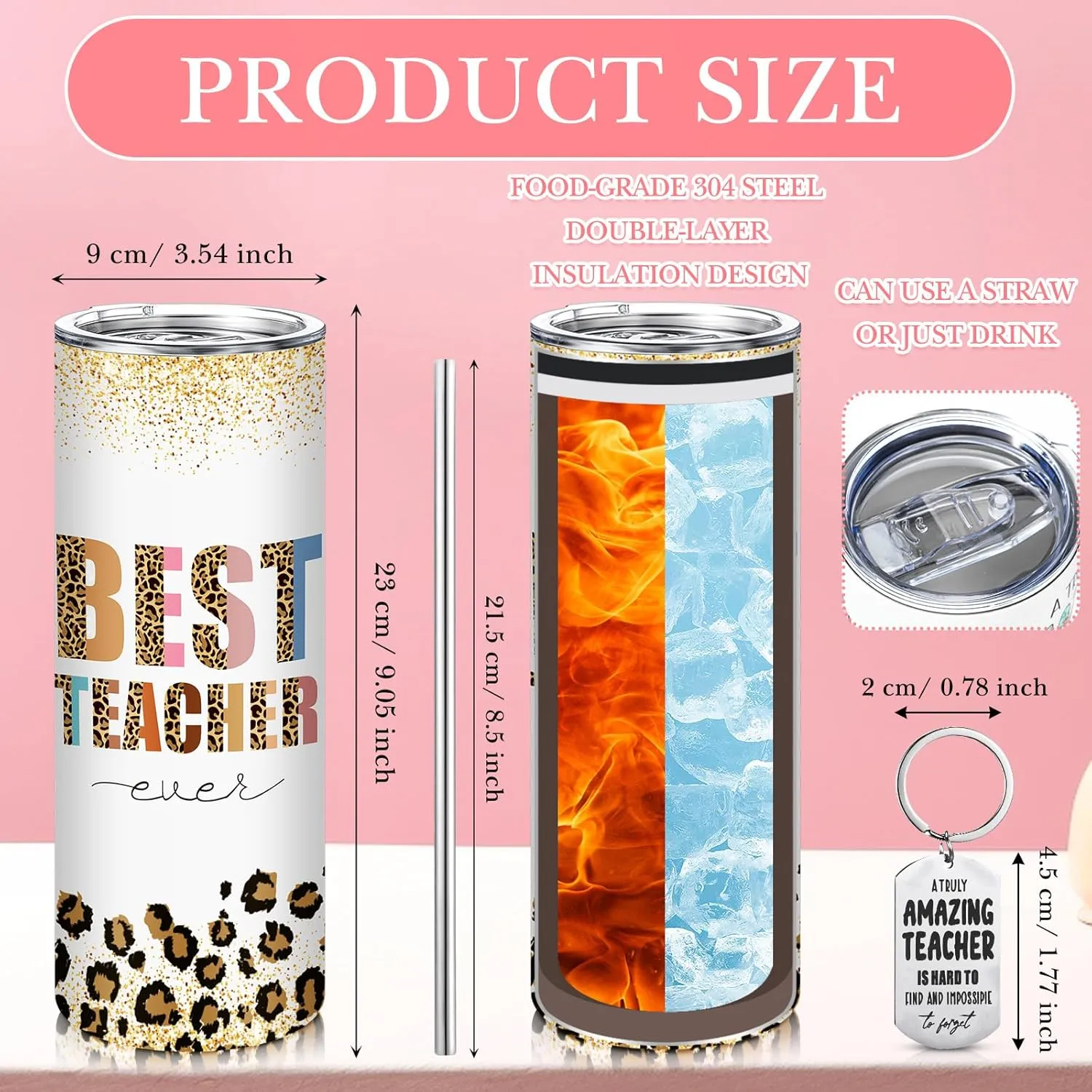 Sliner 4 Pcs Teacher Appreciation Gifts for Christmas Tote Bag for Women Teacher 20 oz Insulated Tumbler Makeup Bag Keychain