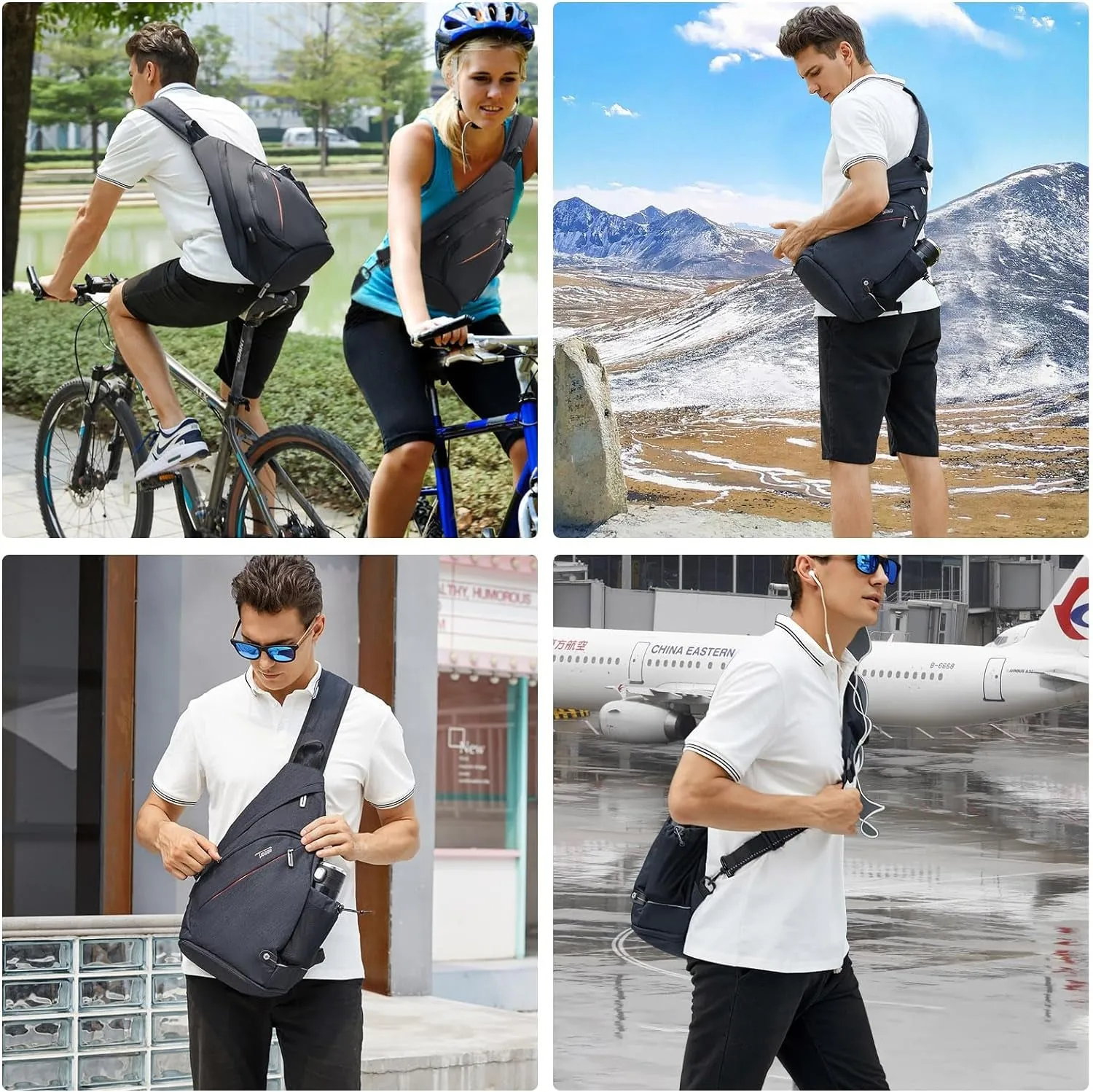 Sling Backpack, 8 Pockets Sling Bag Crossbody, 19L Large Sling Bag for Men Travel Crossbody Backpack Hiking Outdoor