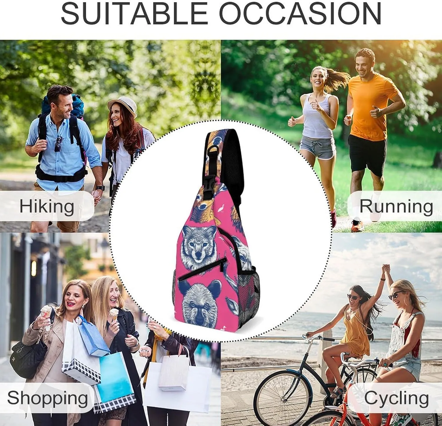 Sling Backpack Crossbody for Man Woman Many Animal Faces Cross Body Adjustable Chest Bag
