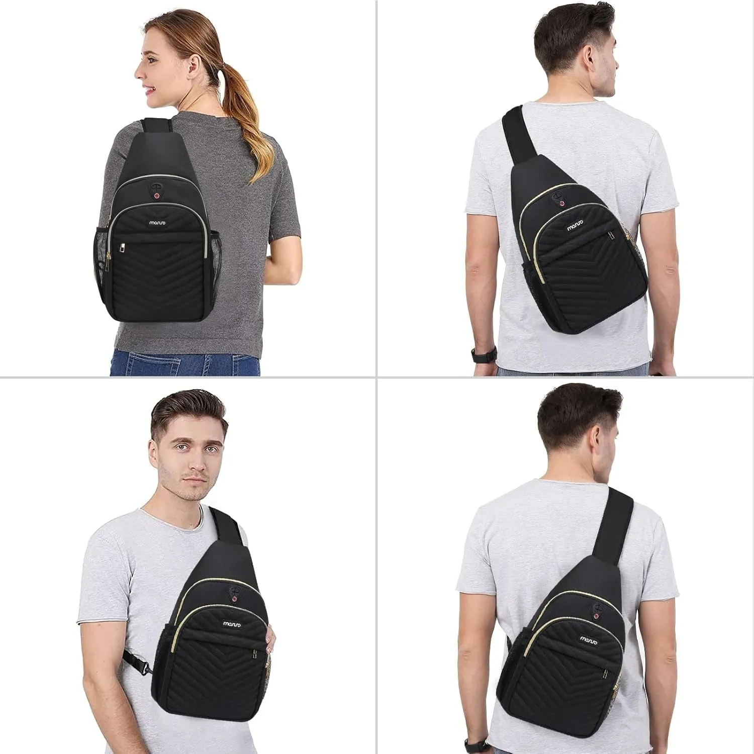 Sling Backpack Small Hiking Daypack, Quilted Crossbody Sling Bag with Removable Strap One Shoulder Chest Bag, Black