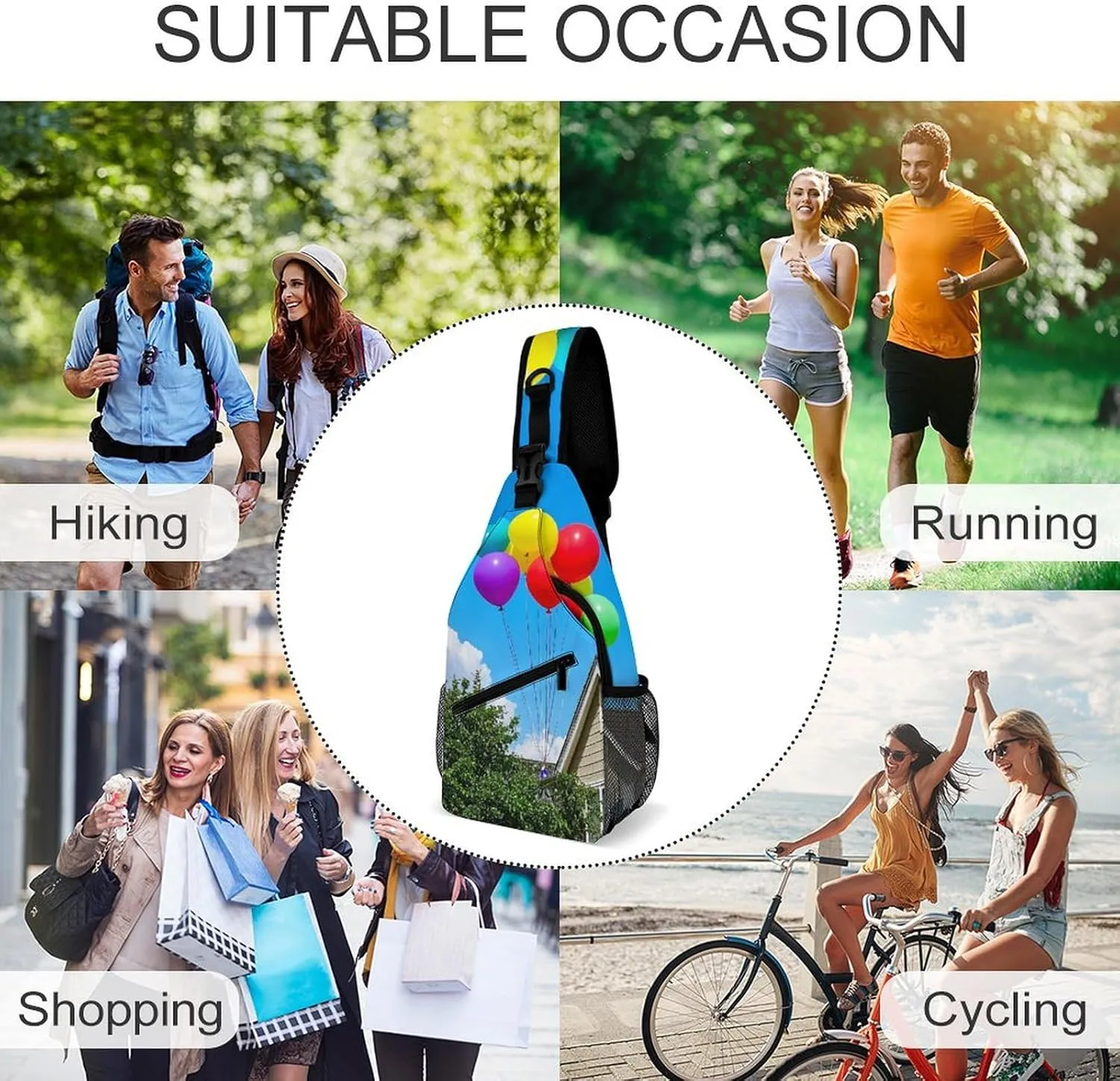 Sling Bag Crossbody Shoulder Bag Cross Chest Bag Colorful Balloon And House Sling Backpack Travel Hiking Daypack