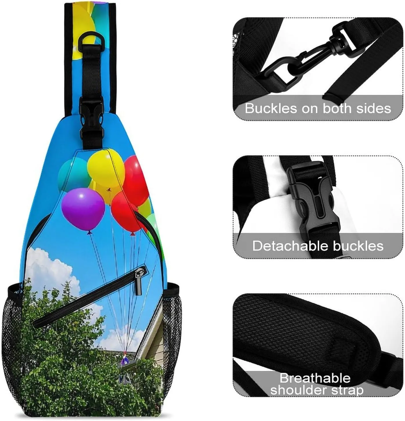 Sling Bag Crossbody Shoulder Bag Cross Chest Bag Colorful Balloon And House Sling Backpack Travel Hiking Daypack