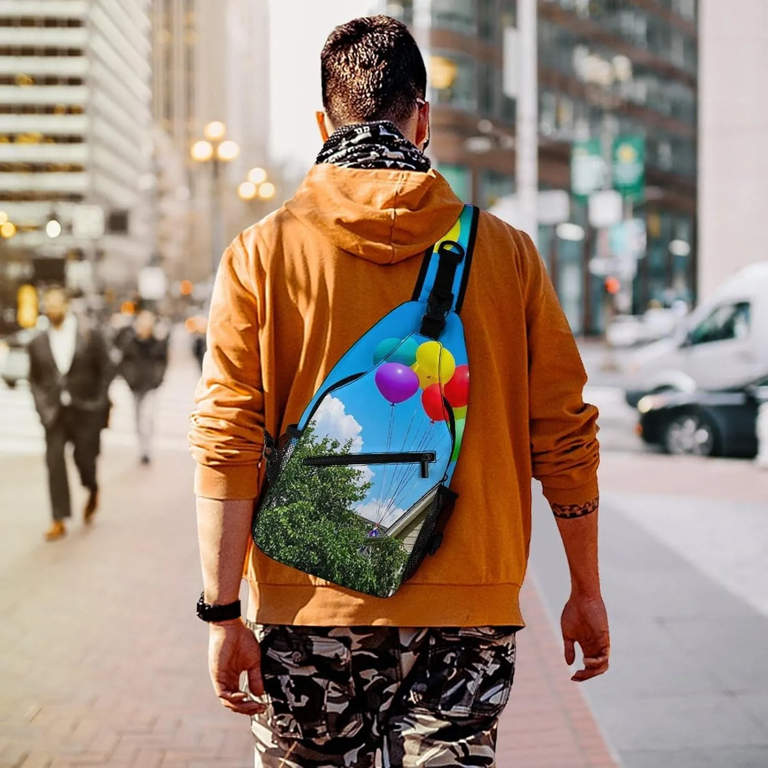 Sling Bag Crossbody Shoulder Bag Cross Chest Bag Colorful Balloon And House Sling Backpack Travel Hiking Daypack