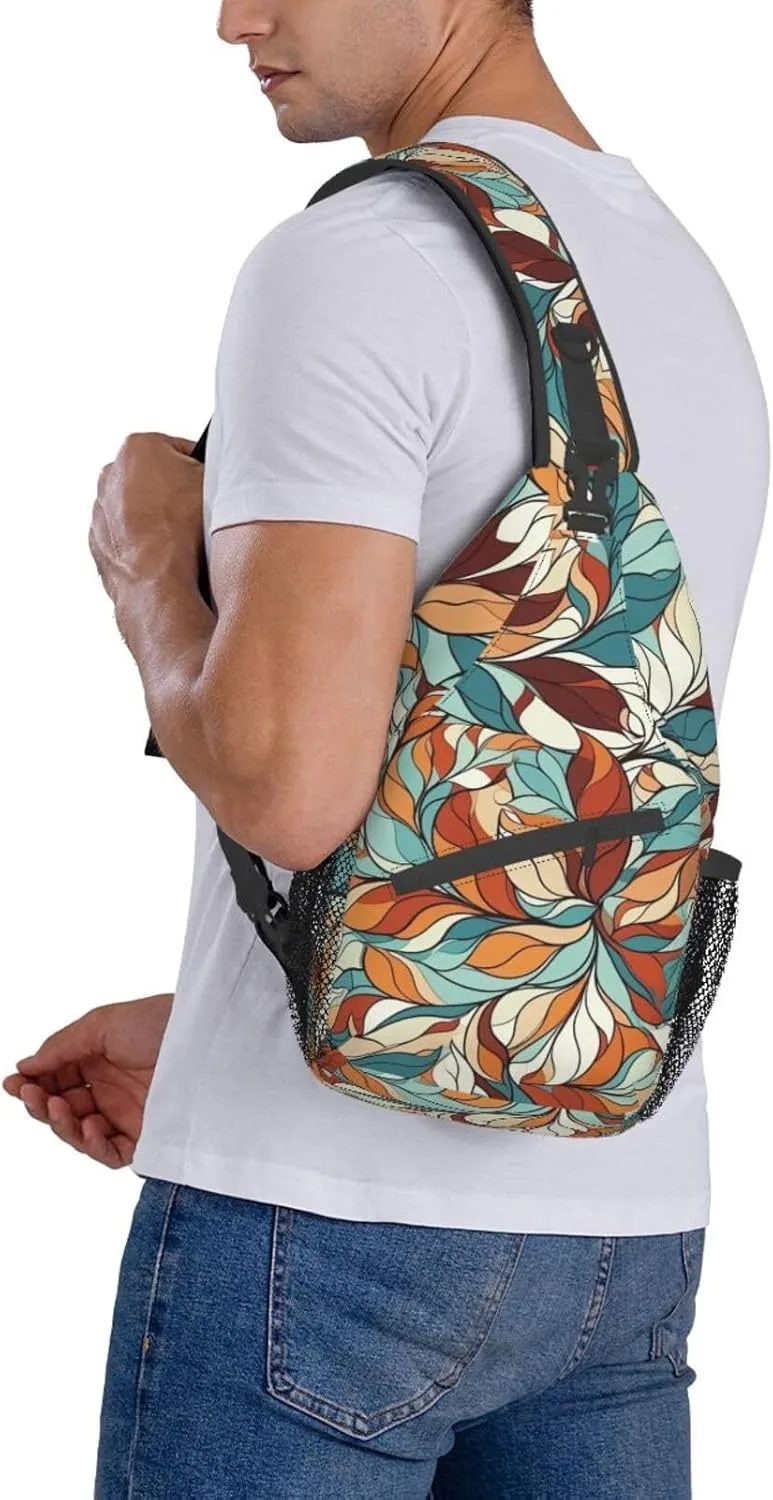 Sling Bag for Women Men Animals on Leaves Print Crossbody Shoulder Bag Chest Shoulder Backpack Travel Hiking Daypack, Abstract Pattern of Leaves, One Size