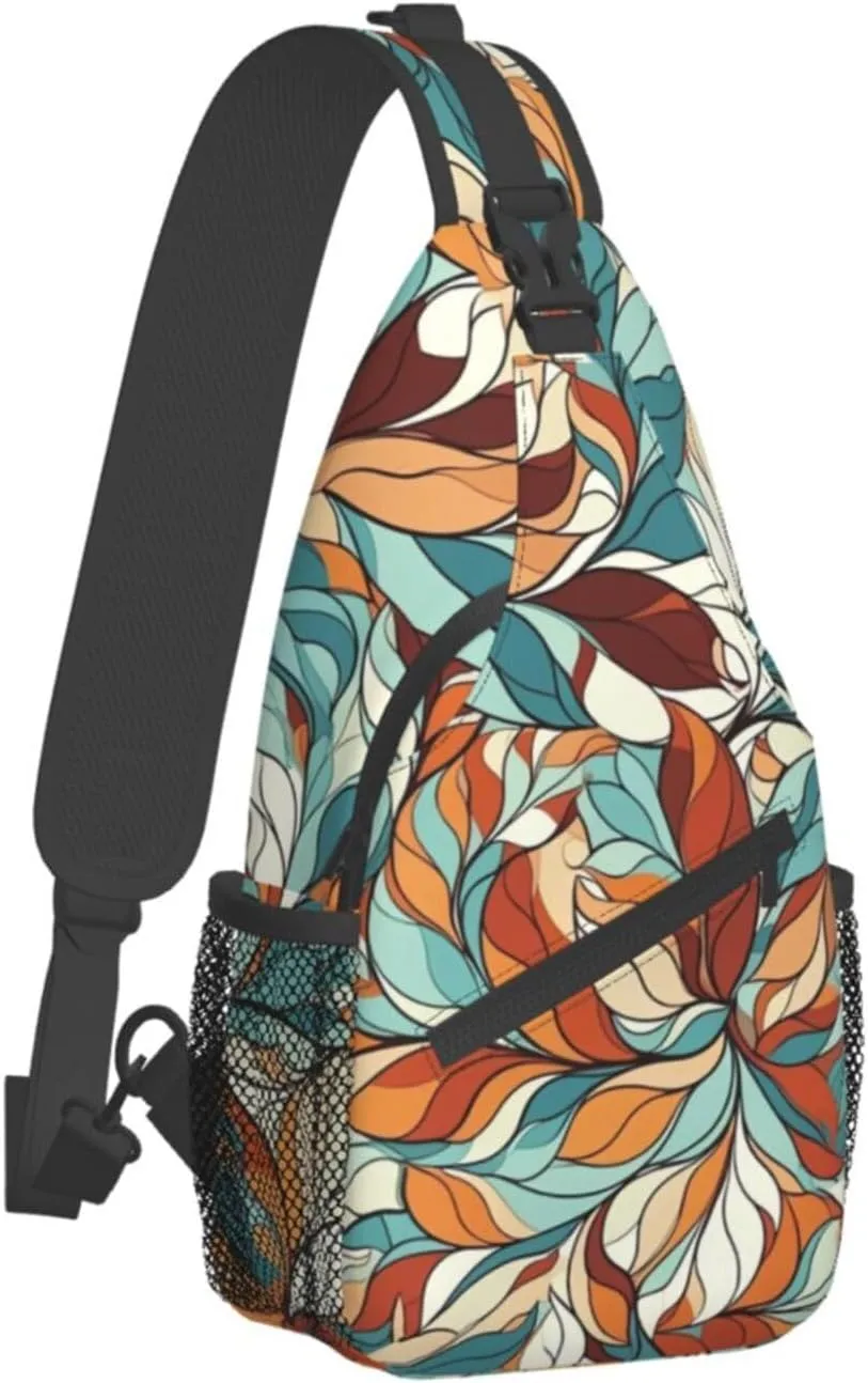 Sling Bag for Women Men Animals on Leaves Print Crossbody Shoulder Bag Chest Shoulder Backpack Travel Hiking Daypack, Abstract Pattern of Leaves, One Size