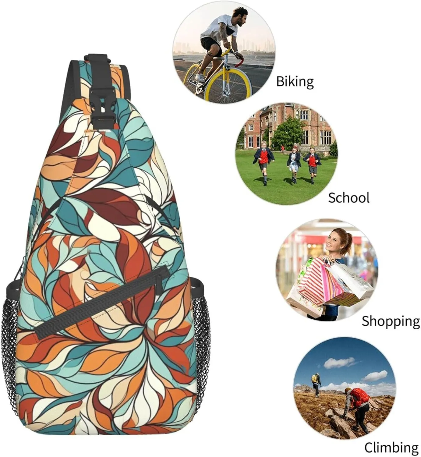 Sling Bag for Women Men Animals on Leaves Print Crossbody Shoulder Bag Chest Shoulder Backpack Travel Hiking Daypack, Abstract Pattern of Leaves, One Size