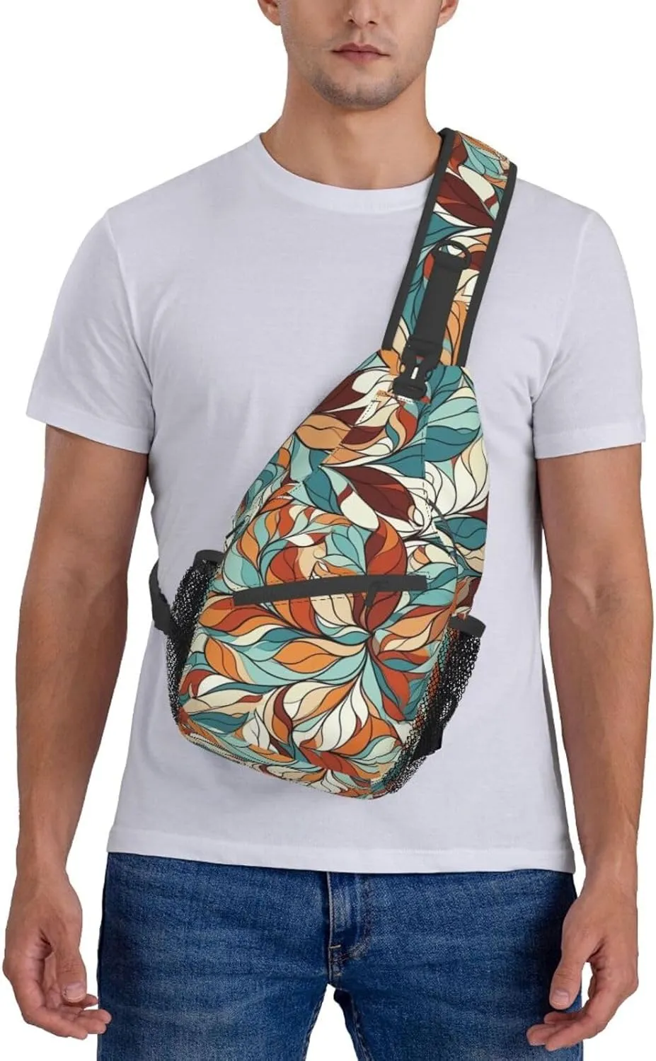 Sling Bag for Women Men Animals on Leaves Print Crossbody Shoulder Bag Chest Shoulder Backpack Travel Hiking Daypack, Abstract Pattern of Leaves, One Size