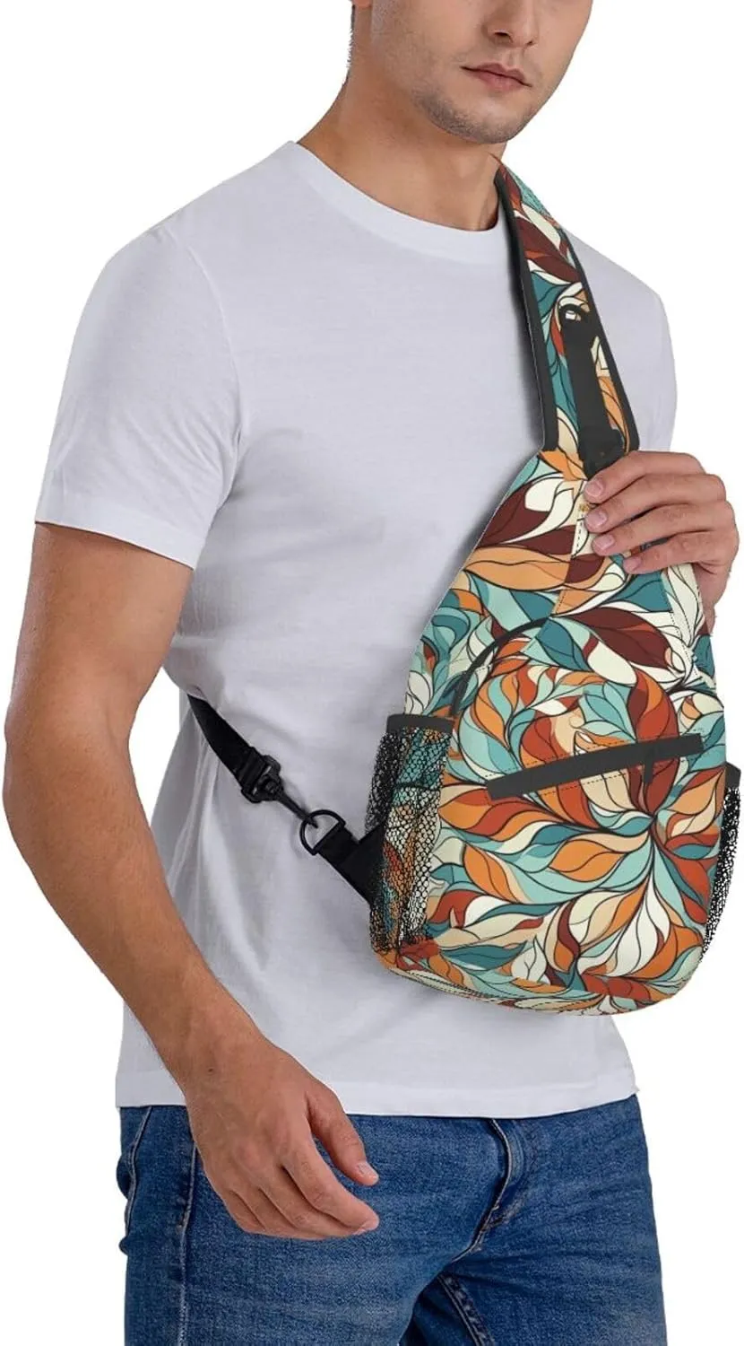 Sling Bag for Women Men Animals on Leaves Print Crossbody Shoulder Bag Chest Shoulder Backpack Travel Hiking Daypack, Abstract Pattern of Leaves, One Size