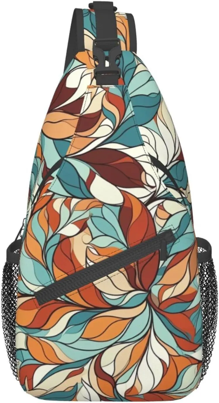 Sling Bag for Women Men Animals on Leaves Print Crossbody Shoulder Bag Chest Shoulder Backpack Travel Hiking Daypack, Abstract Pattern of Leaves, One Size