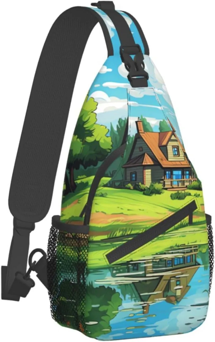 Sling Bag for Women Men Animals on Leaves Print Crossbody Shoulder Bag Chest Shoulder Backpack Travel Hiking Daypack, Cartoon Hut, One Size