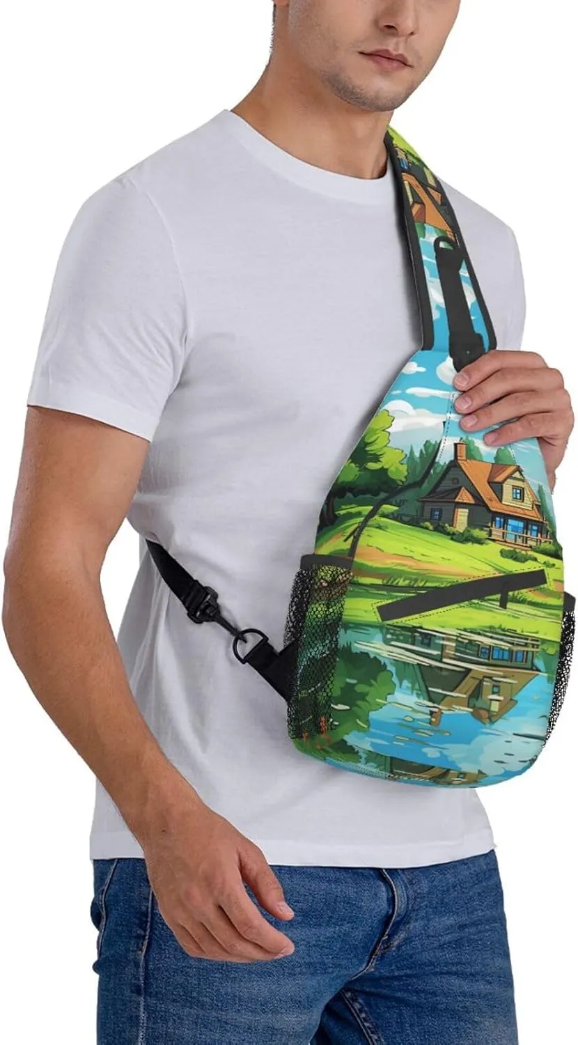 Sling Bag for Women Men Animals on Leaves Print Crossbody Shoulder Bag Chest Shoulder Backpack Travel Hiking Daypack, Cartoon Hut, One Size