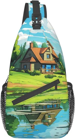Sling Bag for Women Men Animals on Leaves Print Crossbody Shoulder Bag Chest Shoulder Backpack Travel Hiking Daypack, Cartoon Hut, One Size