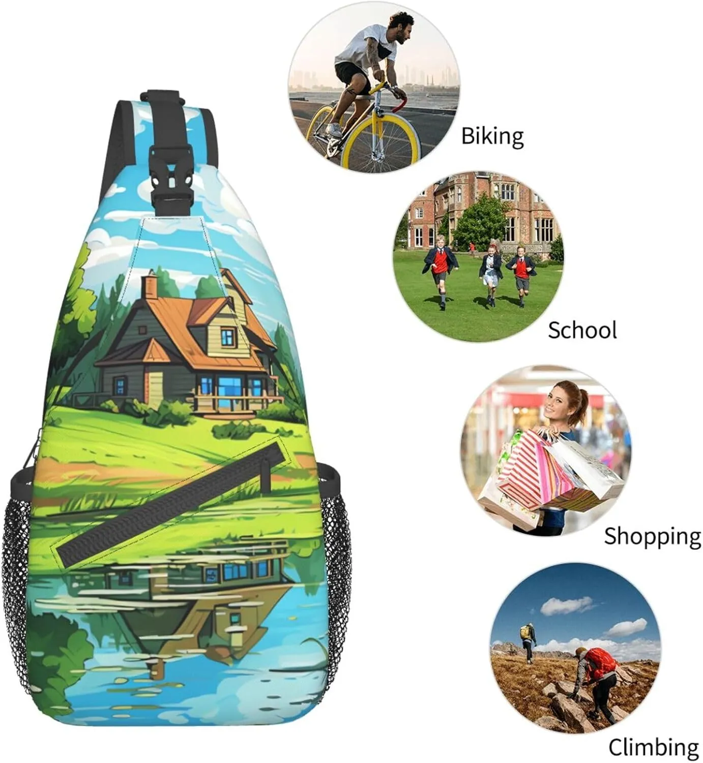 Sling Bag for Women Men Animals on Leaves Print Crossbody Shoulder Bag Chest Shoulder Backpack Travel Hiking Daypack, Cartoon Hut, One Size