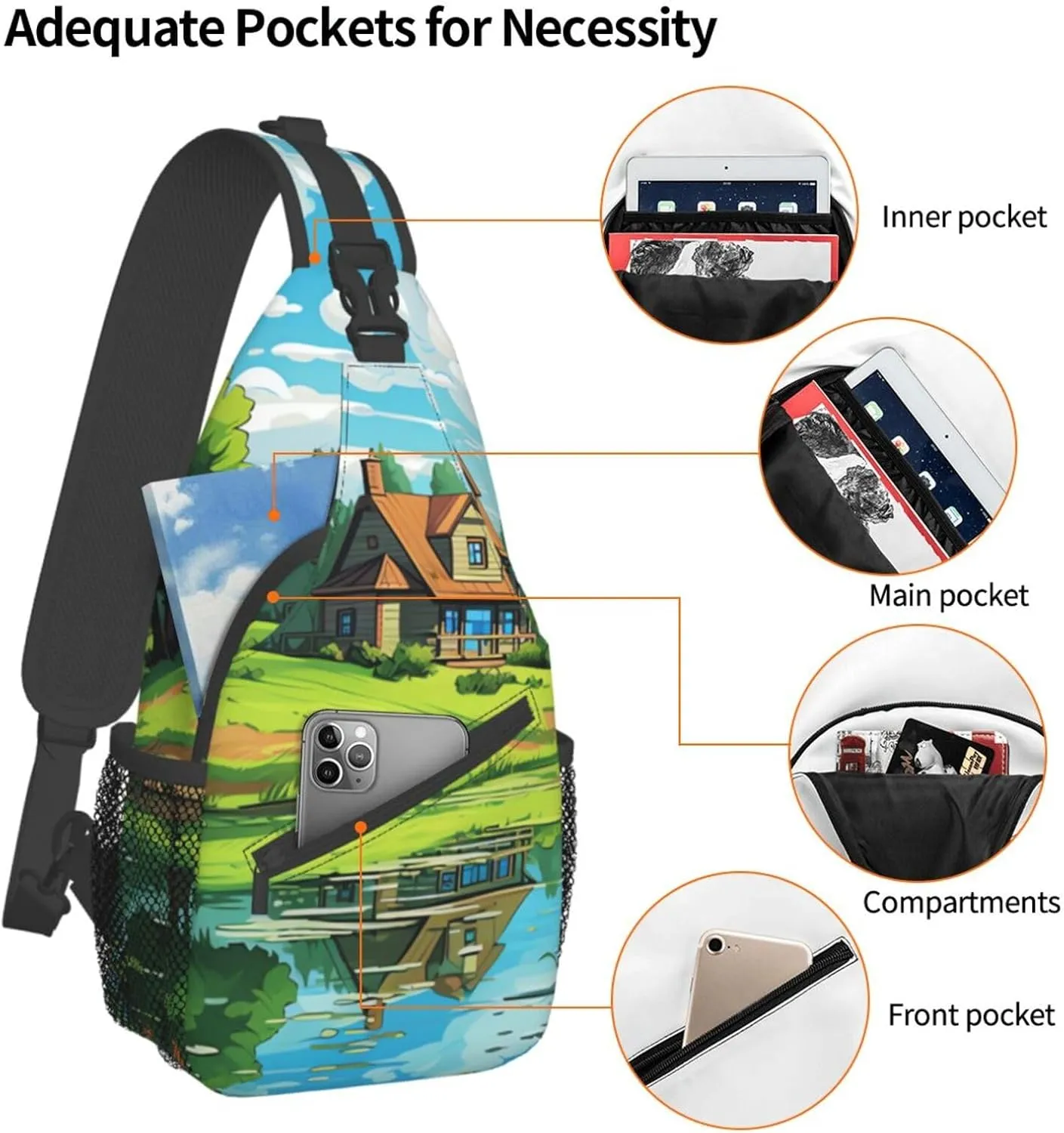 Sling Bag for Women Men Animals on Leaves Print Crossbody Shoulder Bag Chest Shoulder Backpack Travel Hiking Daypack, Cartoon Hut, One Size