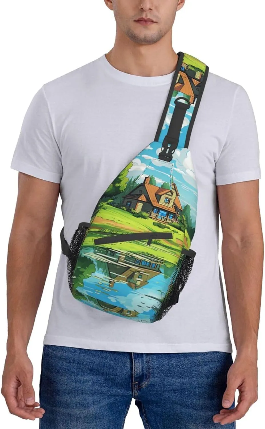 Sling Bag for Women Men Animals on Leaves Print Crossbody Shoulder Bag Chest Shoulder Backpack Travel Hiking Daypack, Cartoon Hut, One Size