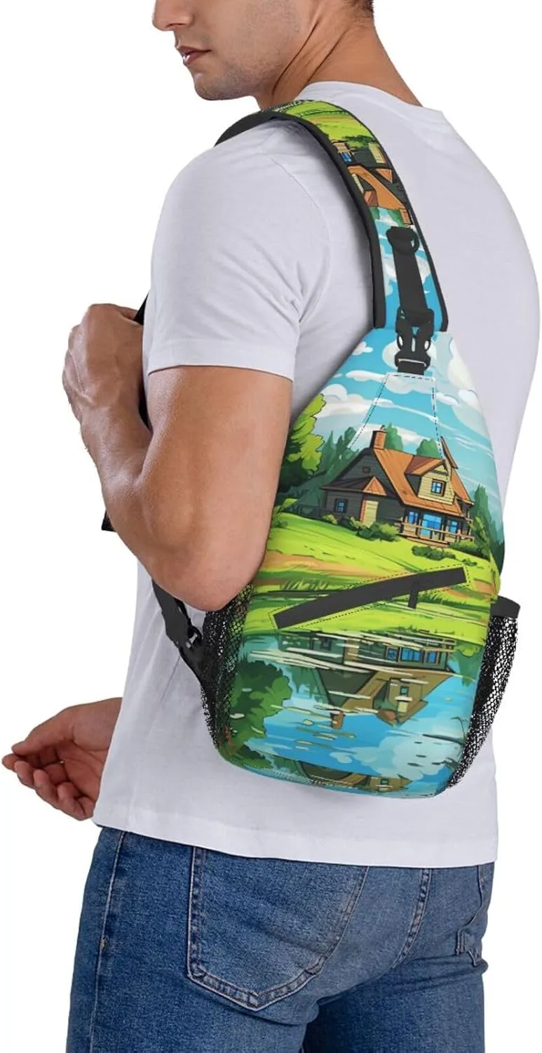Sling Bag for Women Men Animals on Leaves Print Crossbody Shoulder Bag Chest Shoulder Backpack Travel Hiking Daypack, Cartoon Hut, One Size