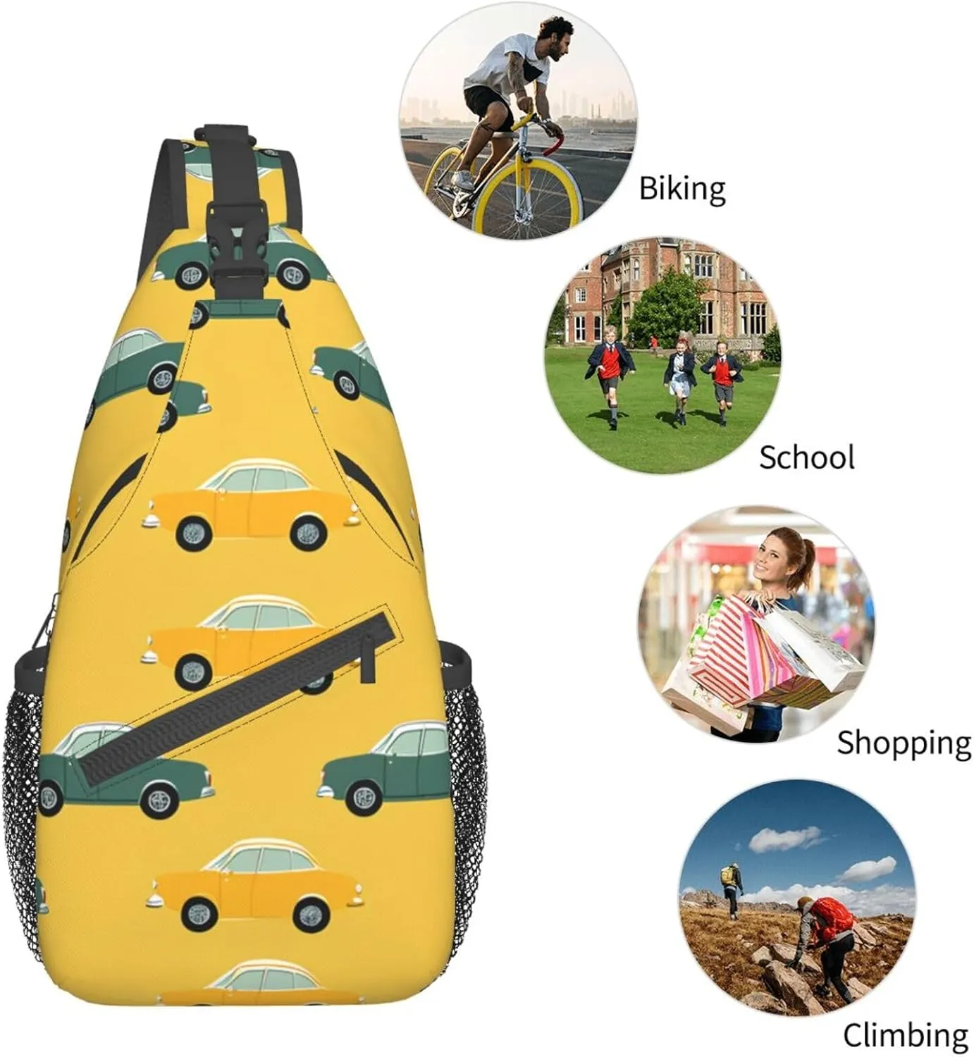 Sling Bag for Women Men Color Is Pink Print Crossbody Shoulder Bag Chest Shoulder Backpack Travel Hiking Daypack, Car Stripes, One Size