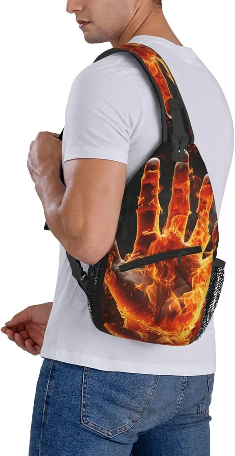 Sling Bag for Women Men Crossbody Bag Sling Backpack Fire Flame Hand Cross Body Bag Adjustable Chest Bag