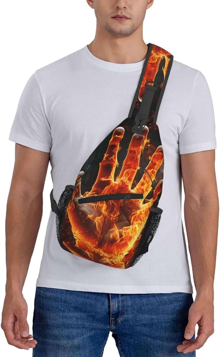 Sling Bag for Women Men Crossbody Bag Sling Backpack Fire Flame Hand Cross Body Bag Adjustable Chest Bag