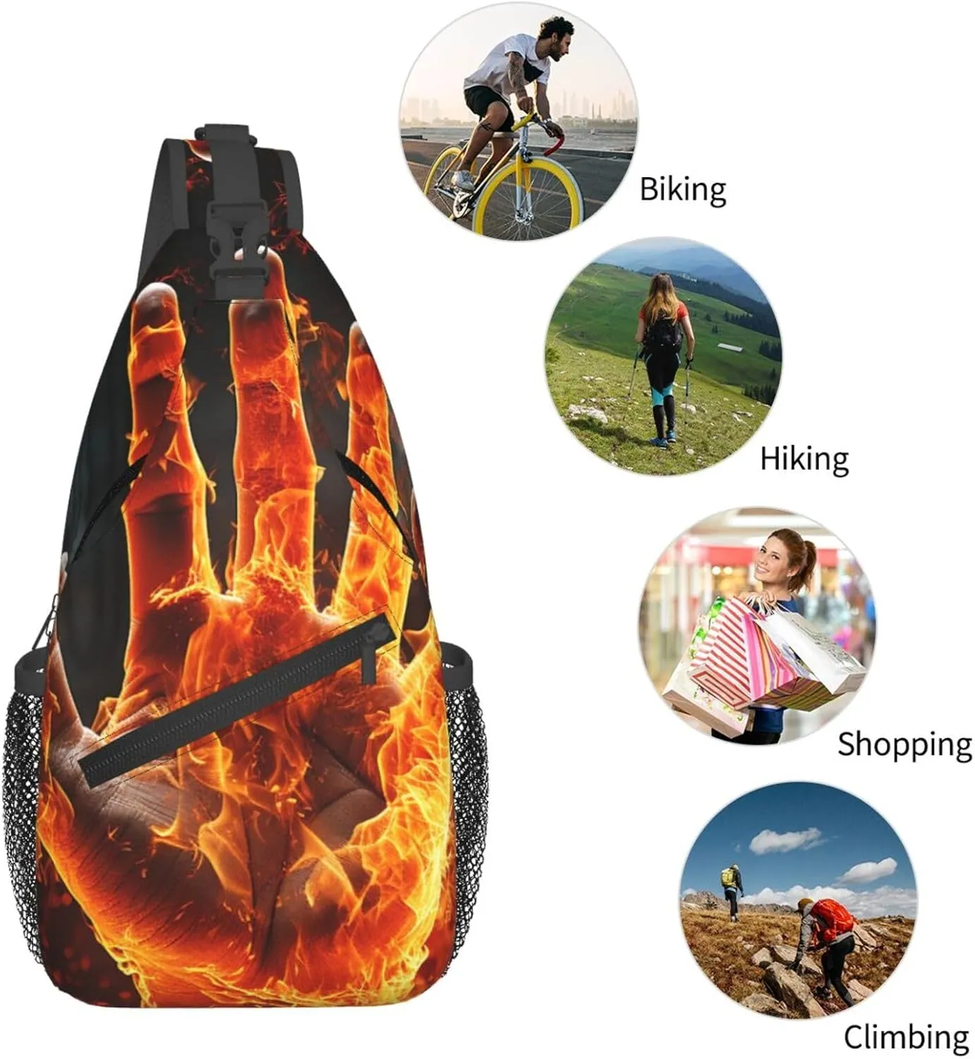 Sling Bag for Women Men Crossbody Bag Sling Backpack Fire Flame Hand Cross Body Bag Adjustable Chest Bag