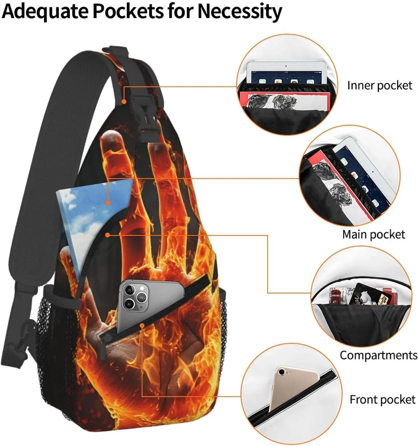 Sling Bag for Women Men Crossbody Bag Sling Backpack Fire Flame Hand Cross Body Bag Adjustable Chest Bag