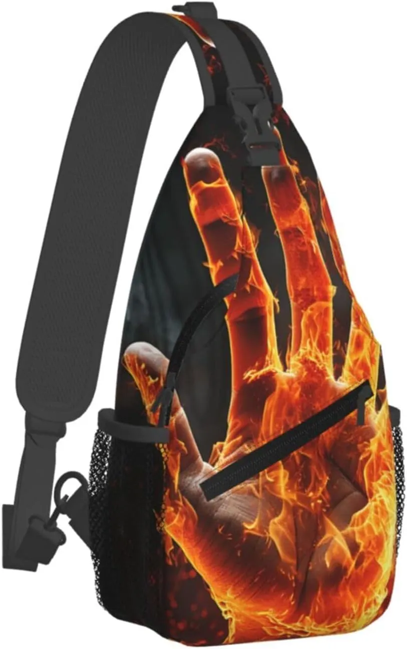 Sling Bag for Women Men Crossbody Bag Sling Backpack Fire Flame Hand Cross Body Bag Adjustable Chest Bag