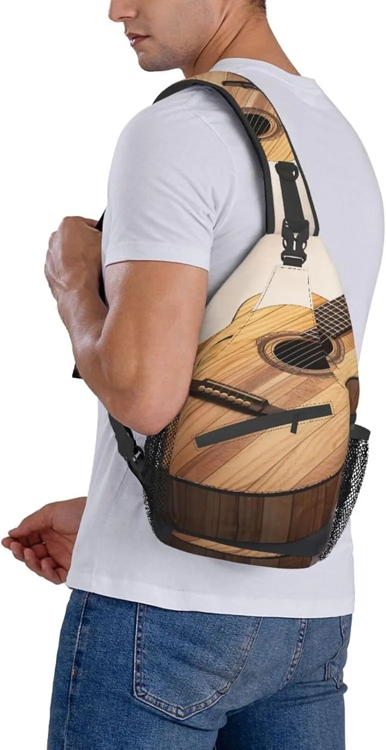 Sling Bag for Women Men Guitar Wooden Cross Chest Bag Diagonally Casual Fashion Travel Hiking Daypack