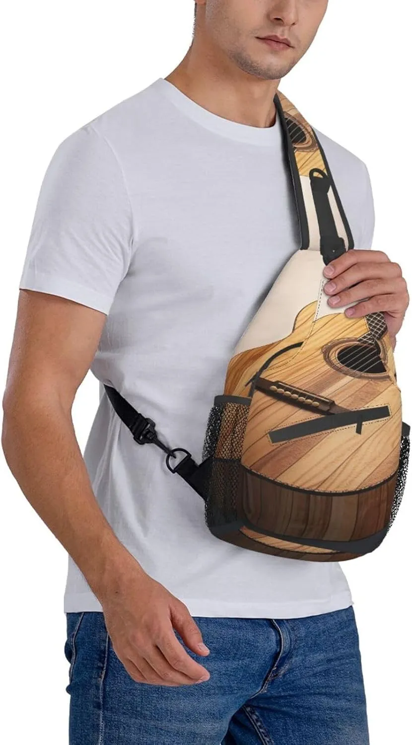 Sling Bag for Women Men Guitar Wooden Cross Chest Bag Diagonally Casual Fashion Travel Hiking Daypack