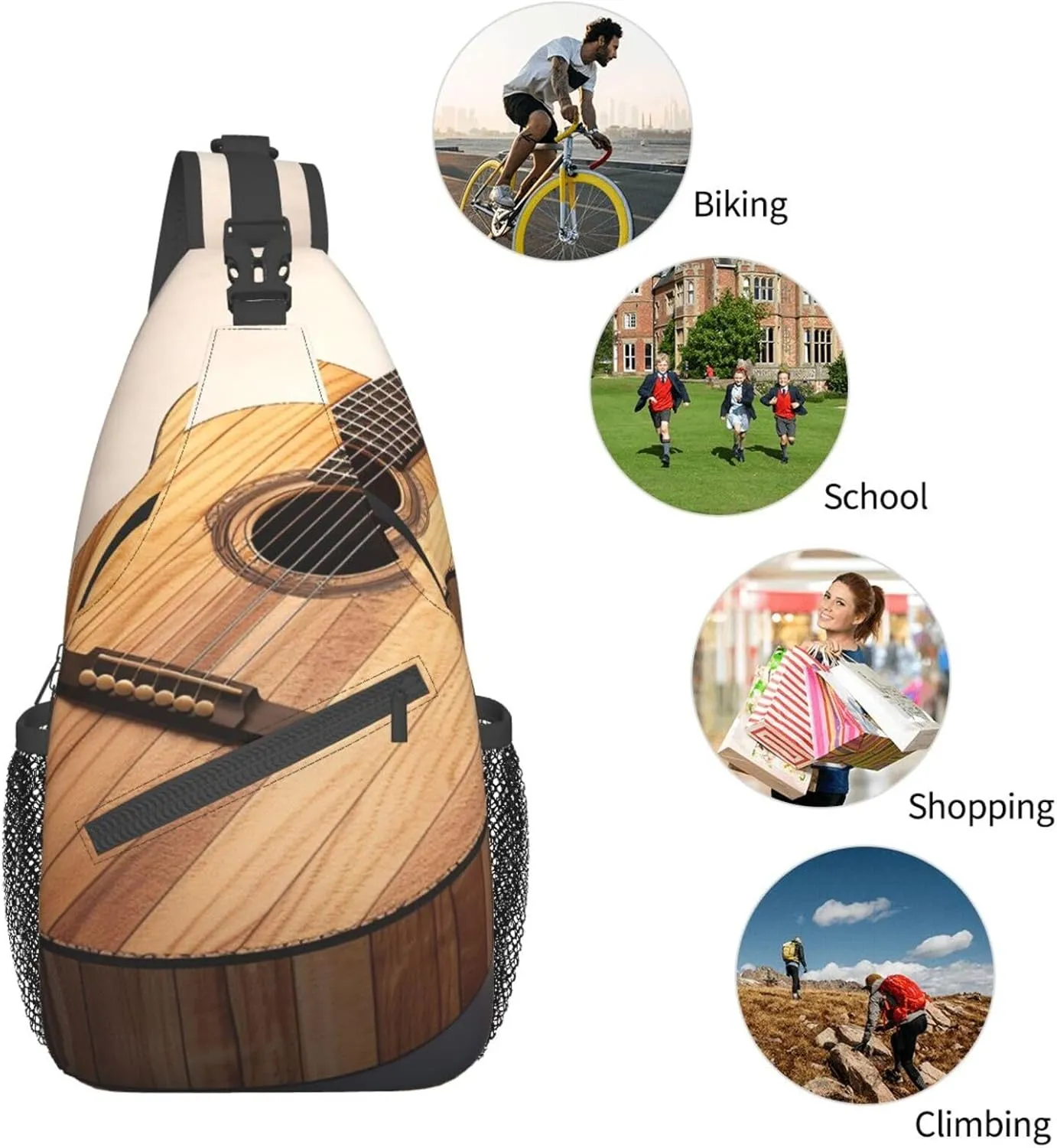 Sling Bag for Women Men Guitar Wooden Cross Chest Bag Diagonally Casual Fashion Travel Hiking Daypack