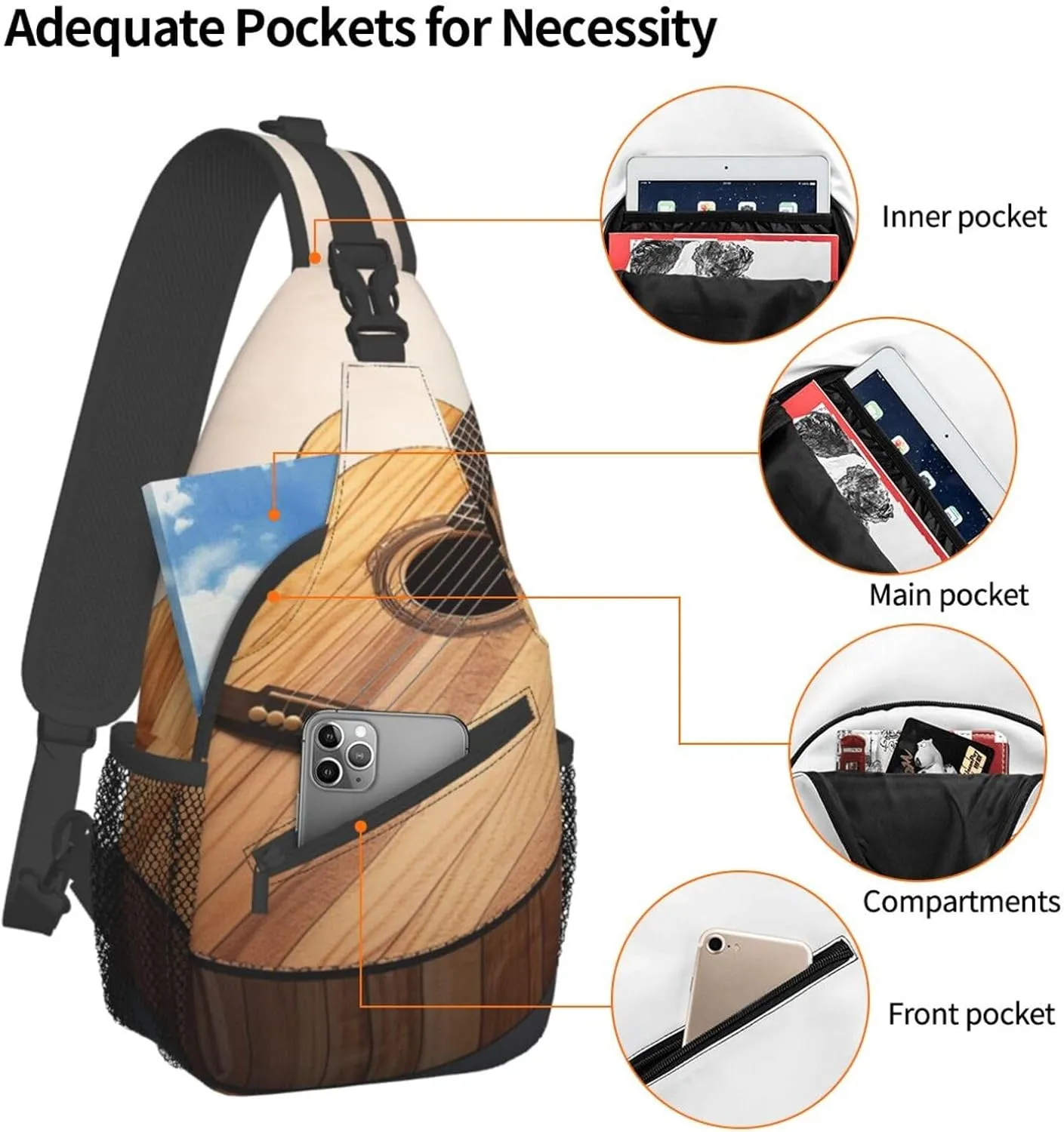 Sling Bag for Women Men Guitar Wooden Cross Chest Bag Diagonally Casual Fashion Travel Hiking Daypack