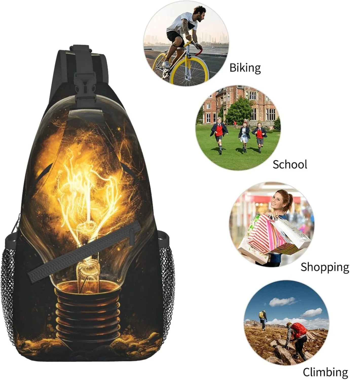 Sling Bag for Women Men Light Orange Print Crossbody Shoulder Bag Chest Shoulder Backpack Travel Hiking Daypack, Light Bulb, One Size