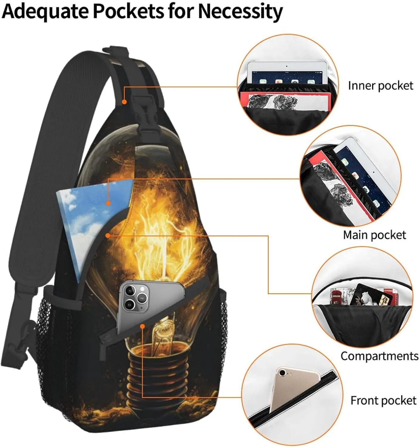 Sling Bag for Women Men Light Orange Print Crossbody Shoulder Bag Chest Shoulder Backpack Travel Hiking Daypack, Light Bulb, One Size