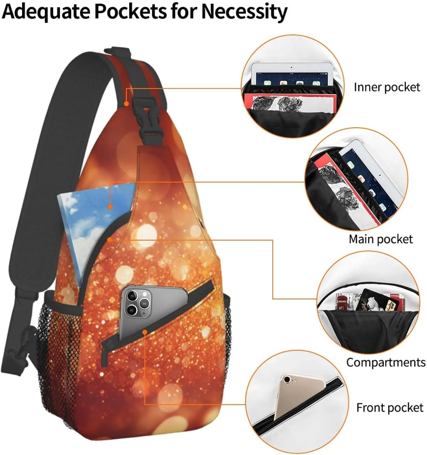 Sling Bag for Women Men Light Orange Print Crossbody Shoulder Bag Chest Shoulder Backpack Travel Hiking Daypack, Light Orange, One Size