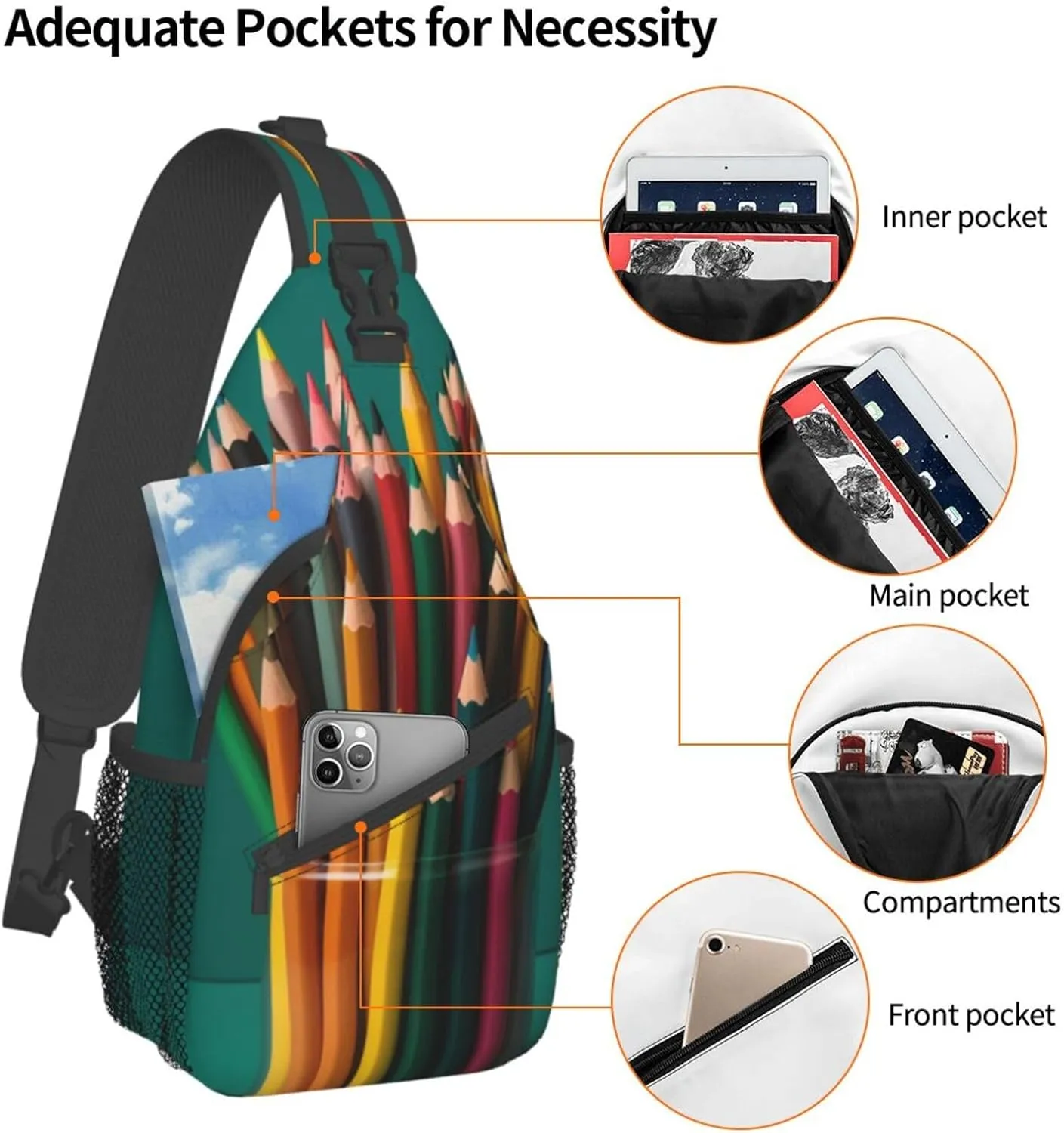 Sling Bag for Women Men Light Orange Print Crossbody Shoulder Bag Chest Shoulder Backpack Travel Hiking Daypack, Pen Holder, One Size