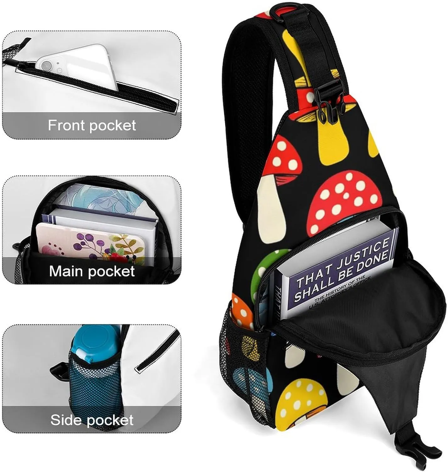 Sling Shoulder Backpack for Men Women Anti-Theft Multipurpose Travel Backpack Camping Outdoor Bag, Cute Mushrooms Ladies Funny Mushroom Crossbody Daypacks Shoulder Packs