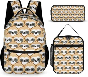 Sloth Backpack with Lunch Box & Pencil Case, 16 Inch Cute Sloths Themed Bookbag, Adjustable Lightweight Large Capacity, Colorful Daily Casual Backpacks Set with Lunch Bag